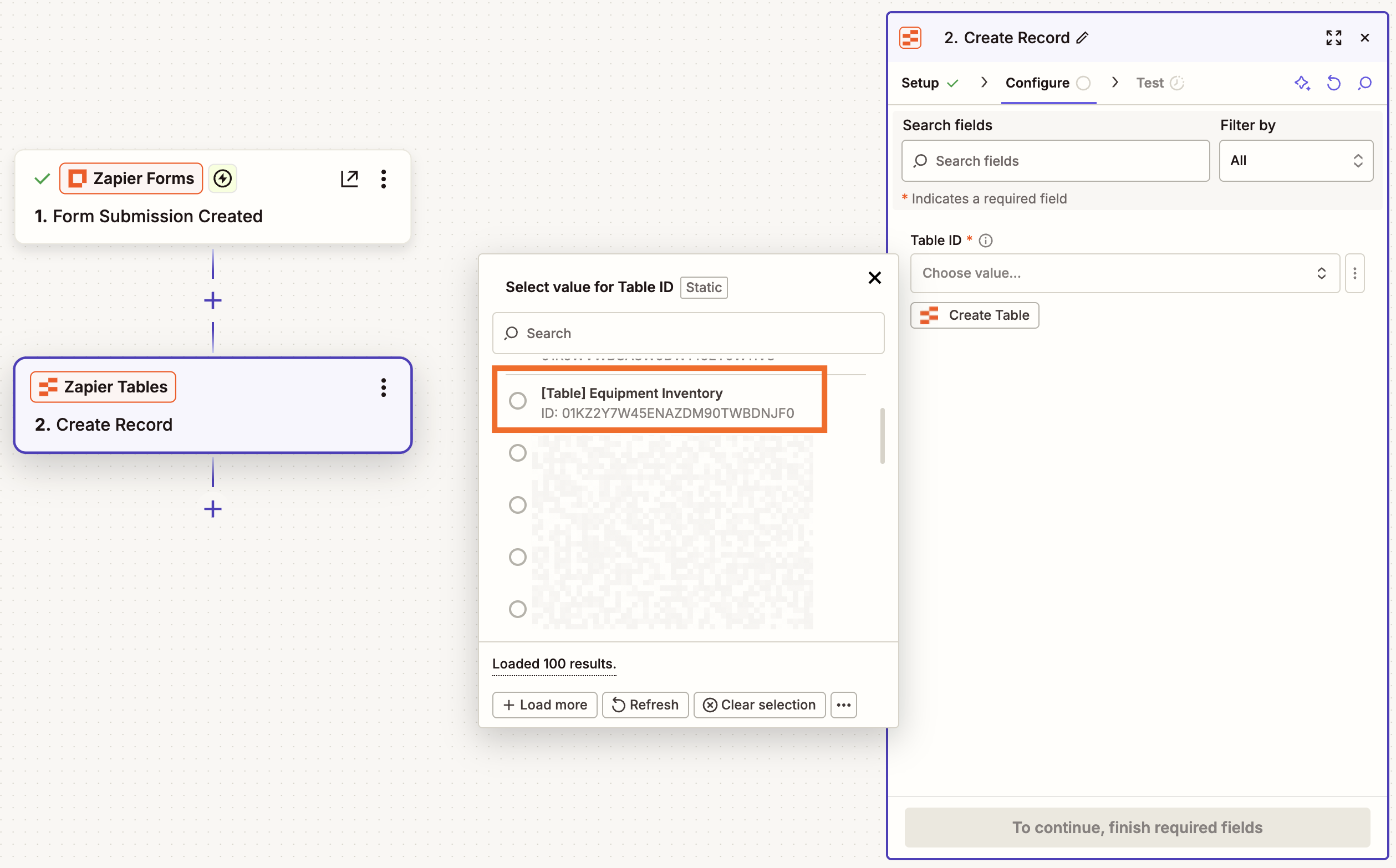 Zapエディタ内のZapier Tablesアクションの設定ページ