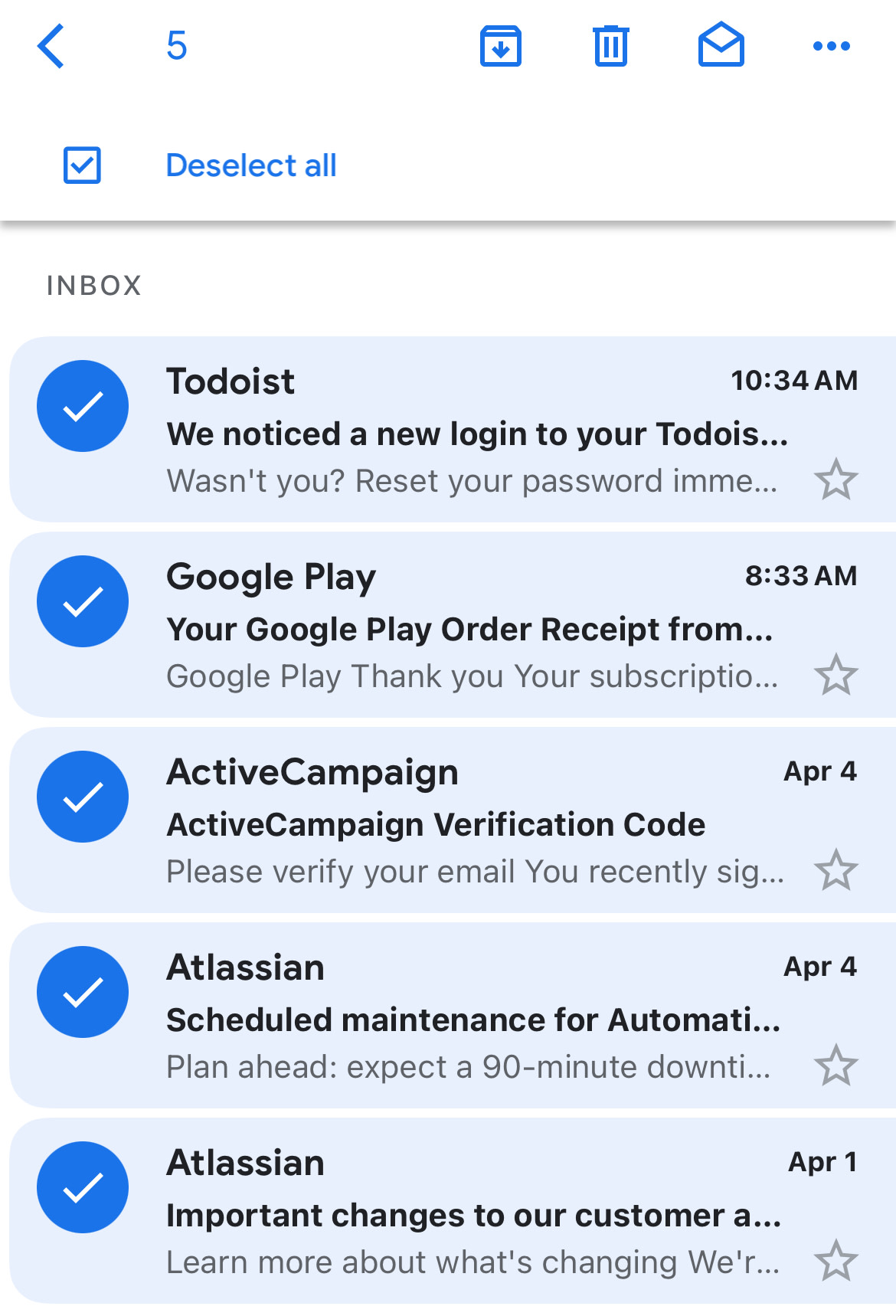Screenshot of Gmail app inbox with multiple emails selected.