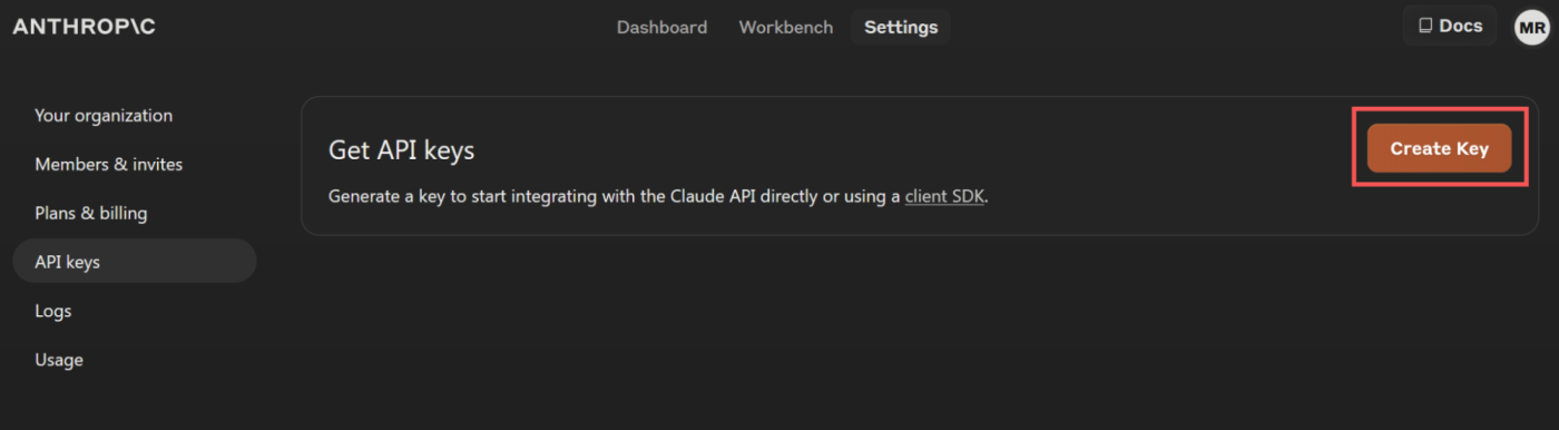 The Create Key button to create a Claude API key