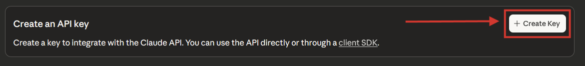 The Create Key button to create a Claude API key