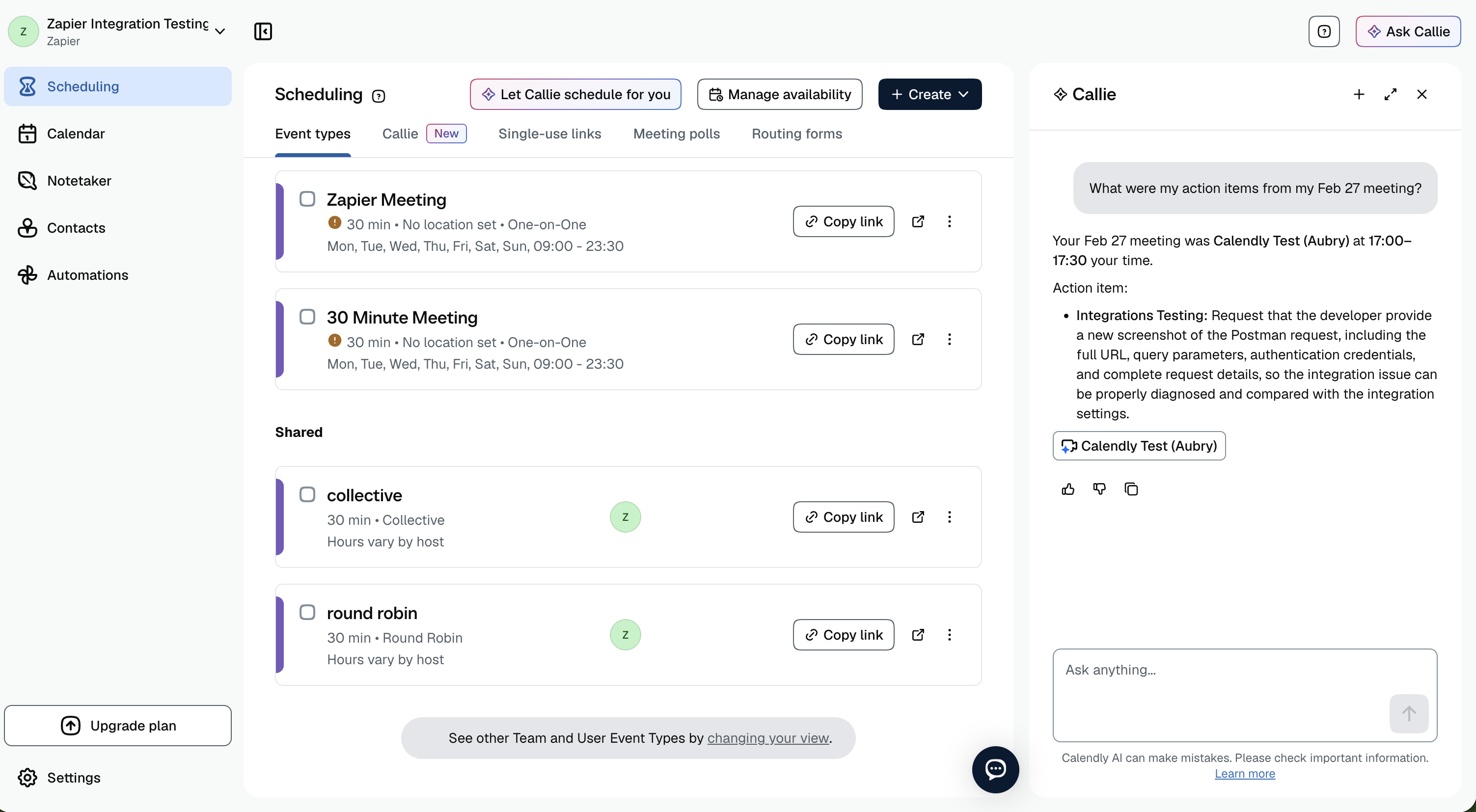 Calendly scheduling page with a conversation with Callie visible in the right side panel.