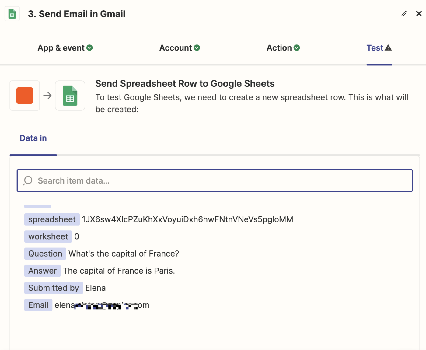 Screenshot of Google Sheets action test data