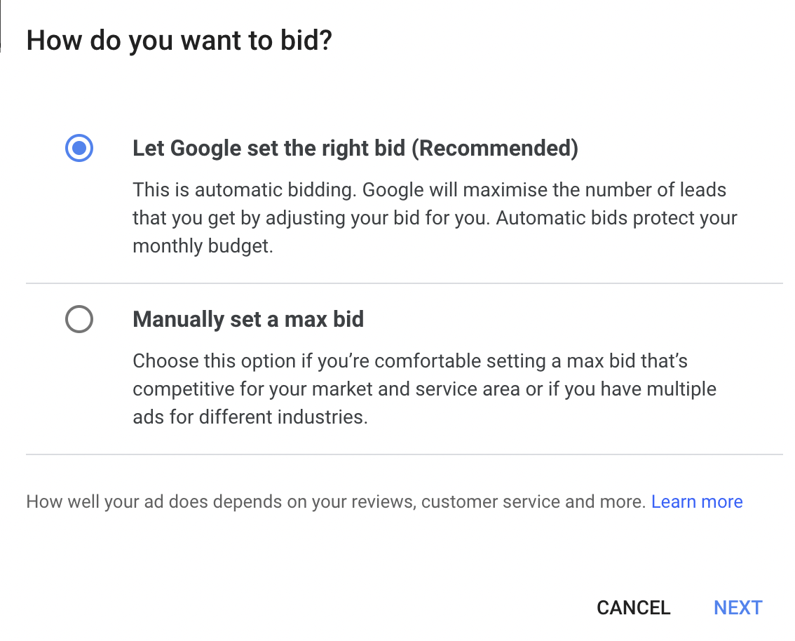 Bidding options for Google Local Services Ads. 