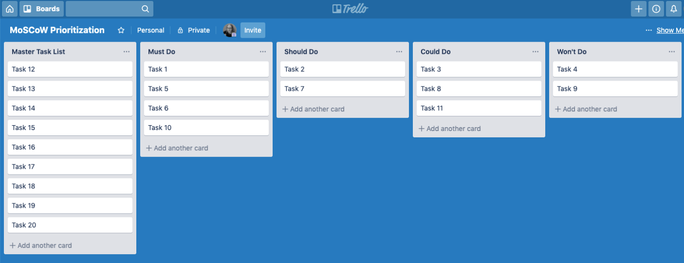 Trello board with tasks organized using the Moscow prioritization method, good for Enneagram Type 6s