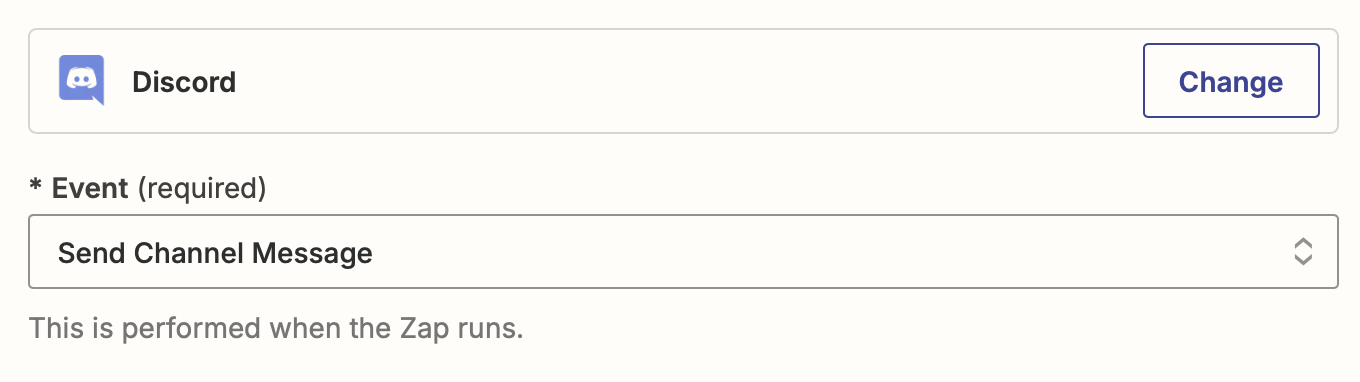 An action step in the Zap editor with Discord selected for the action app and Send Channel Message selected for the action event.