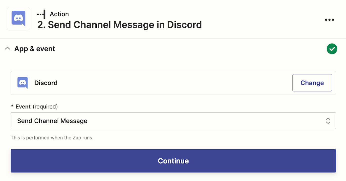 An action step in the Zap editor with Discord selected for the action app and Send Channel Message selected for the action event.