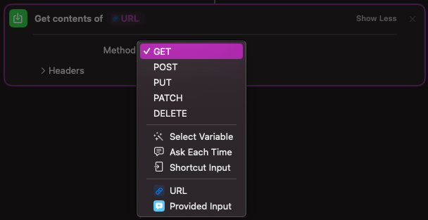 The Method menu is shown open with Get highlighted in purple.