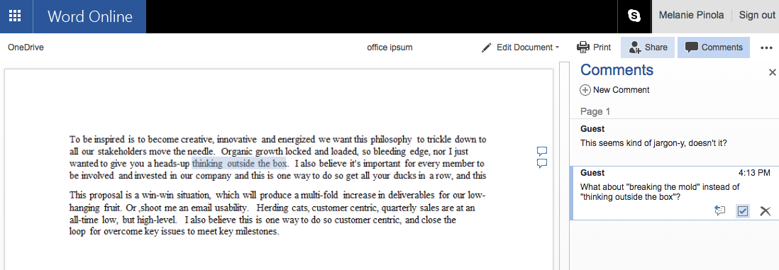 Word Online comments