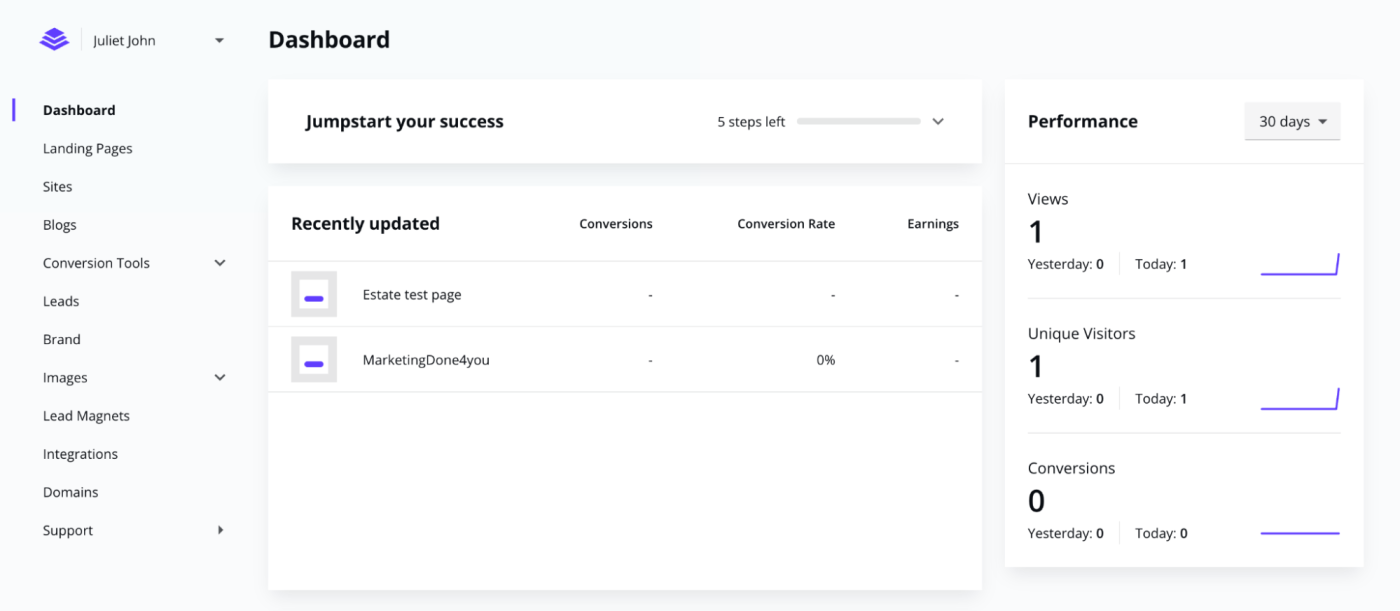 The Leadpages dashboard