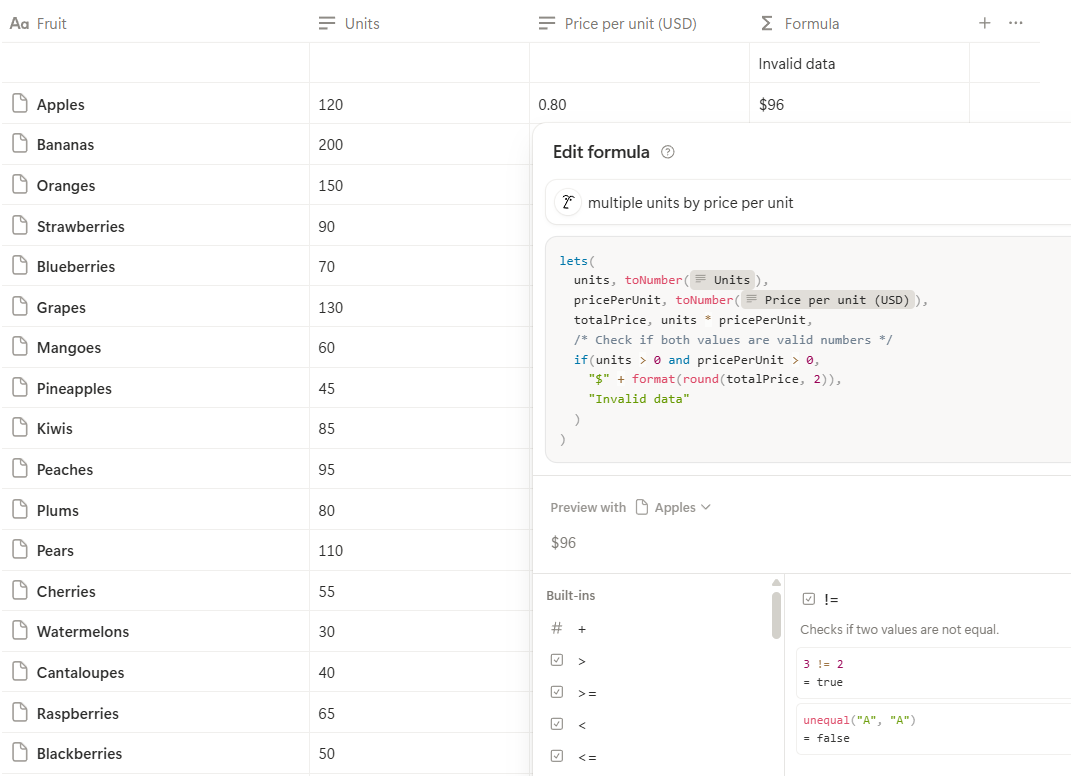 A spreadsheet formula in Coda