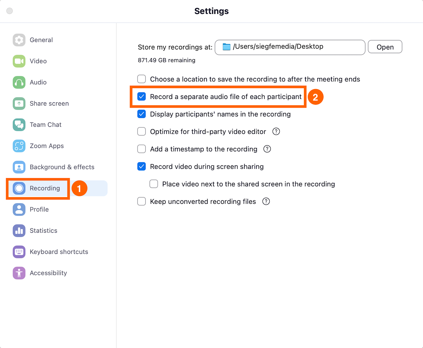 Screenshot of record separate audio option