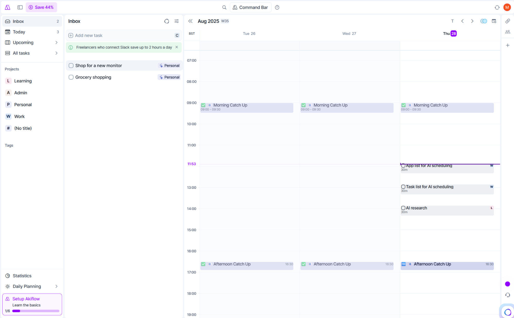 Akiflow, our pick for the best AI scheduling assistant for integrations and single inbox