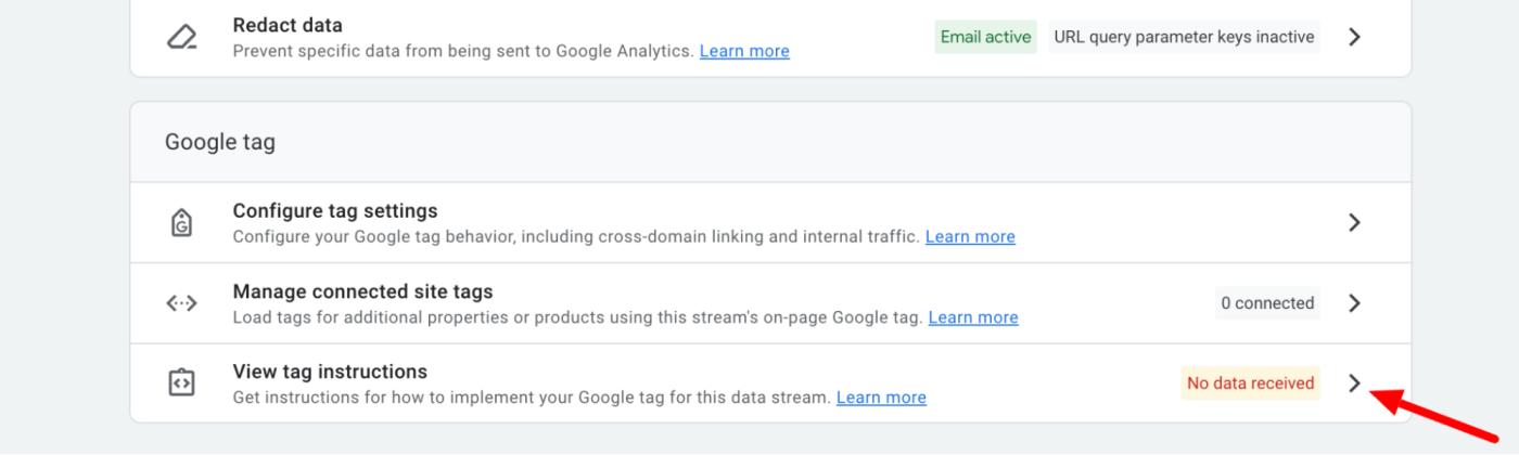 Google tag options with an arrow pointing to view tag instructions.