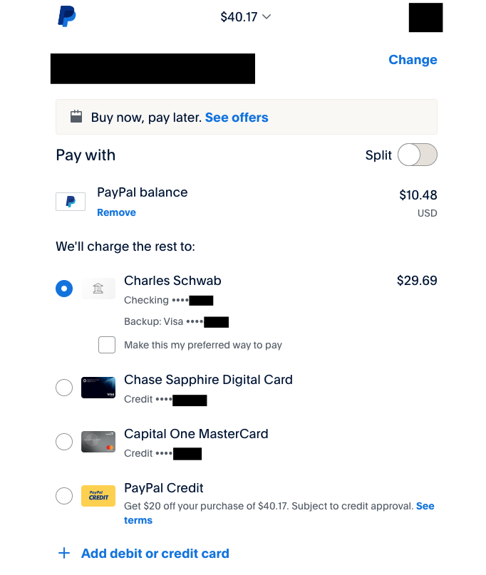 Screenshot of a PayPal checkout screen