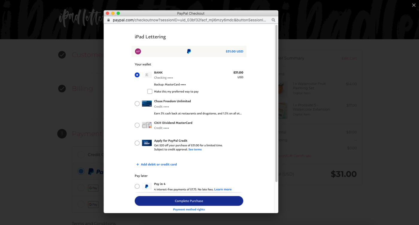 Screenshot of a PayPal checkout screen