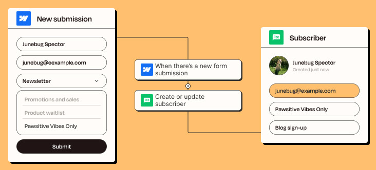 A Zapier automated workflow that adds new Webflow form submissions as new or updated MailerLite subscribers.