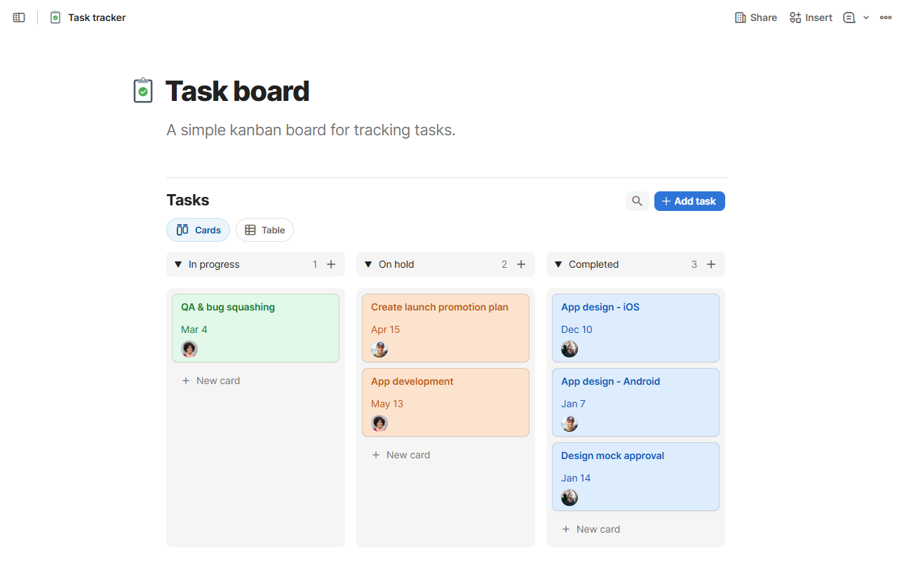 A Kanban board in Coda