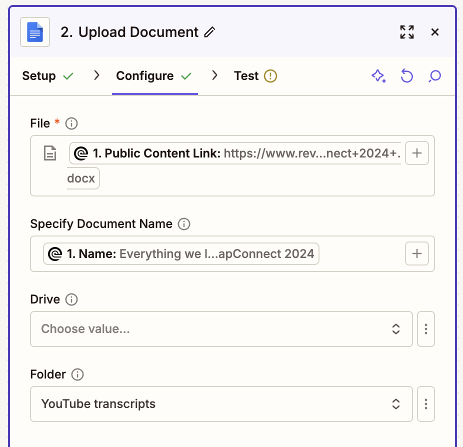 Zapier editor showing a Google Docs Upload Document action with a Rev transcript file and YouTube transcripts folder selected