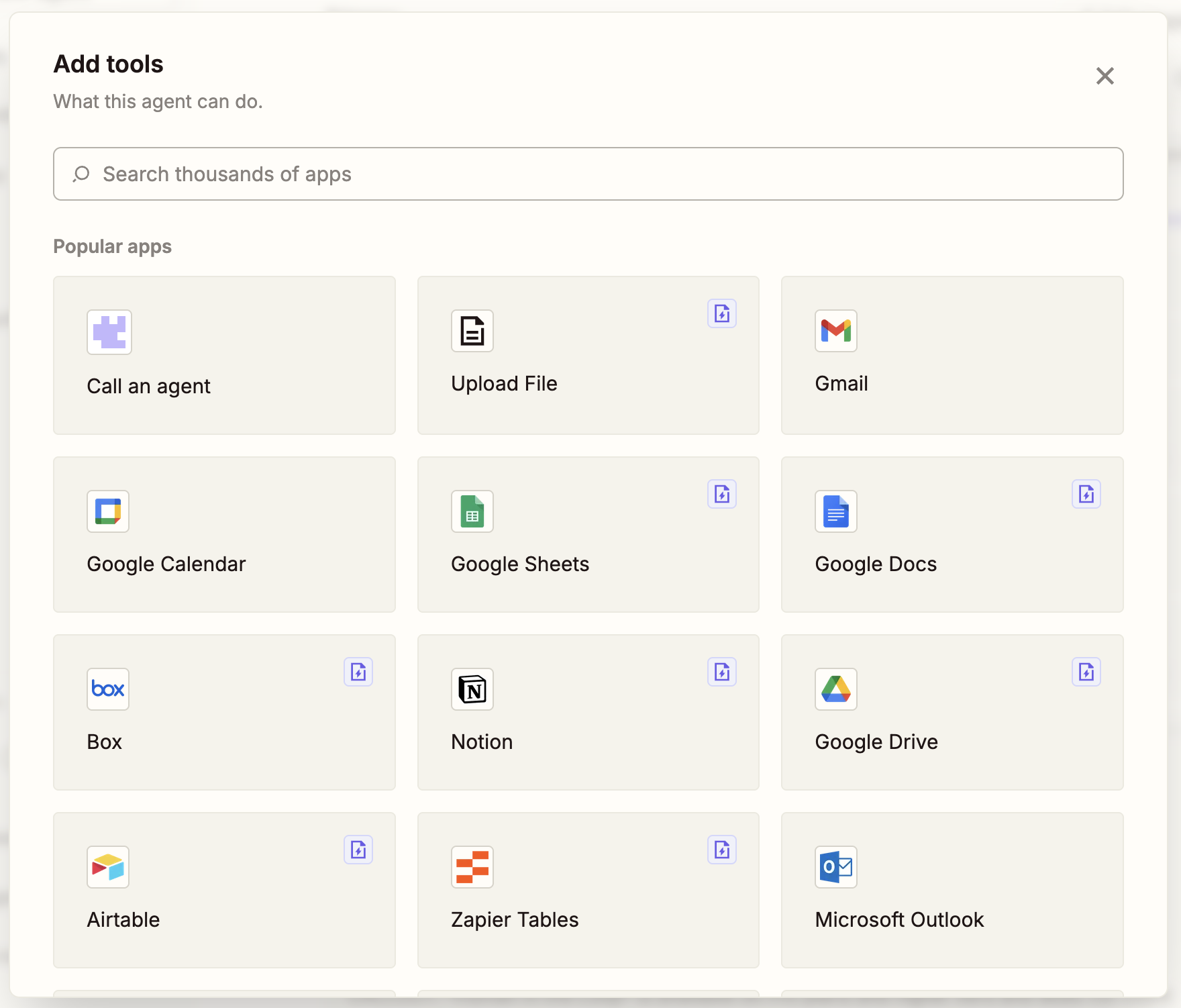 Screenshot of popular apps to connect to Agents
