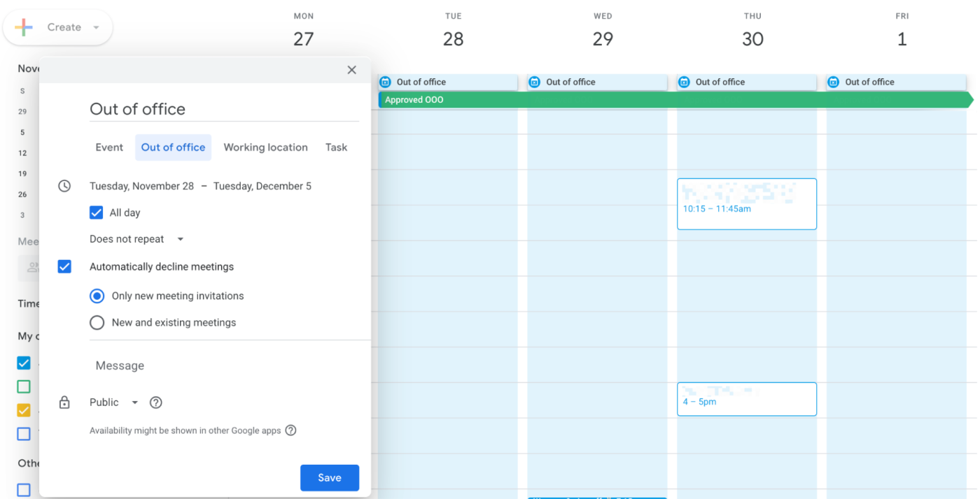 Google Calendar with out-of-office events. 