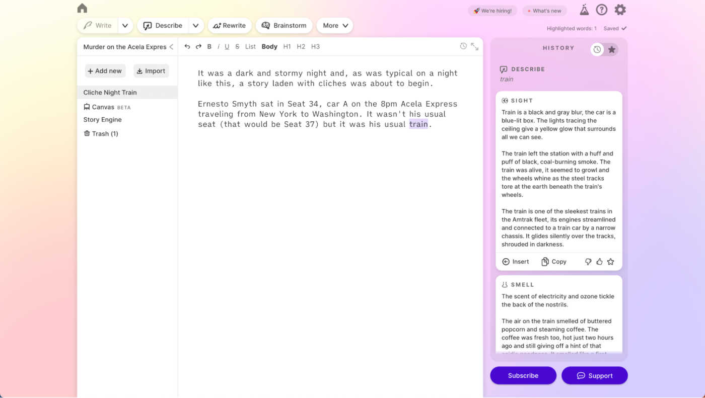 Sudowrite, our pick for the best AI writing tool for writing fiction