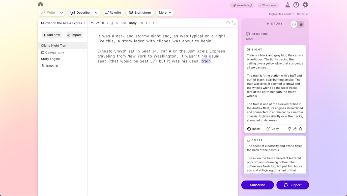 Sudowrite, our pick for the best AI writing tool for writing fiction