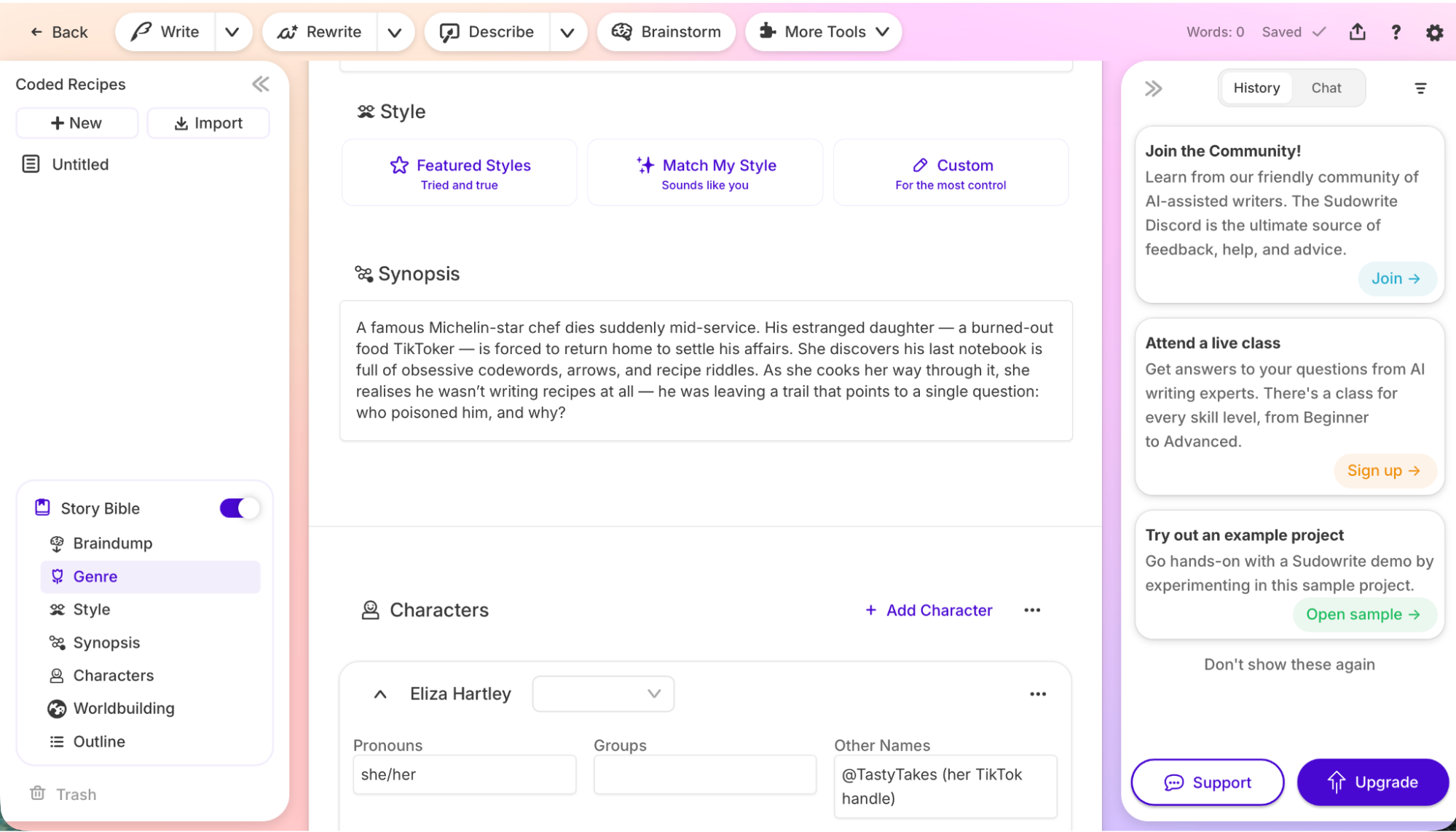 Sudowrite, our pick for the best AI writing tool for writing fiction