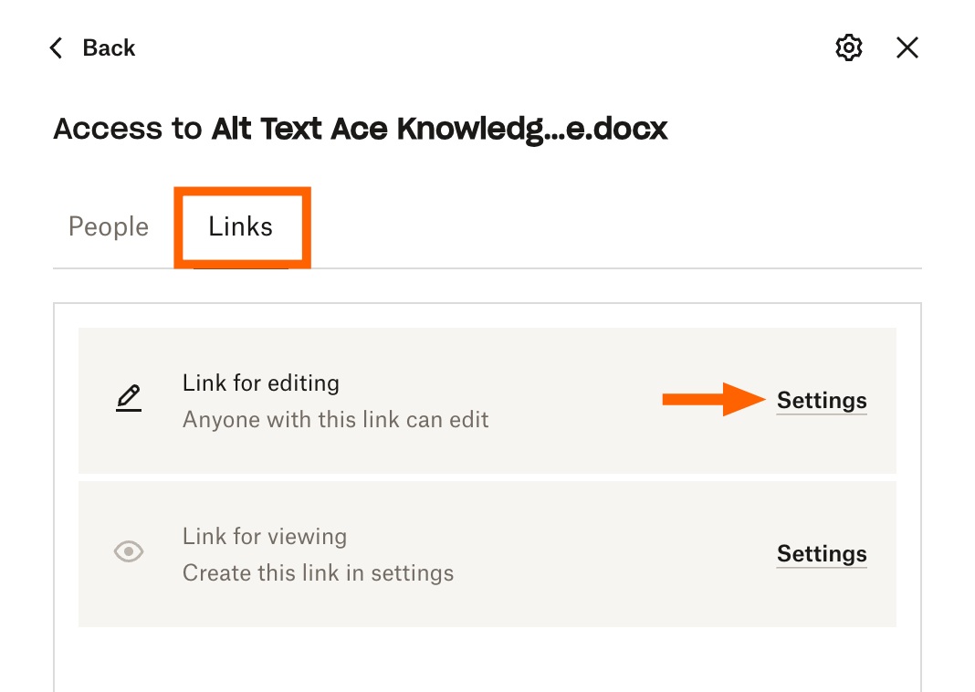 How to access the settings to file-sharing links. 