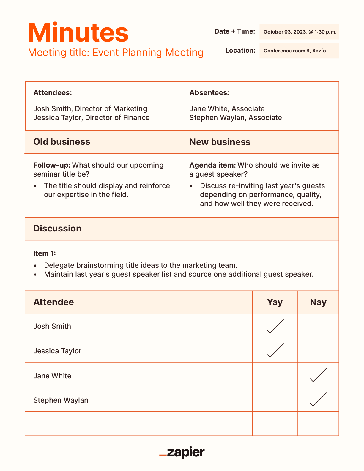 Mockup of a formal meeting minutes template.