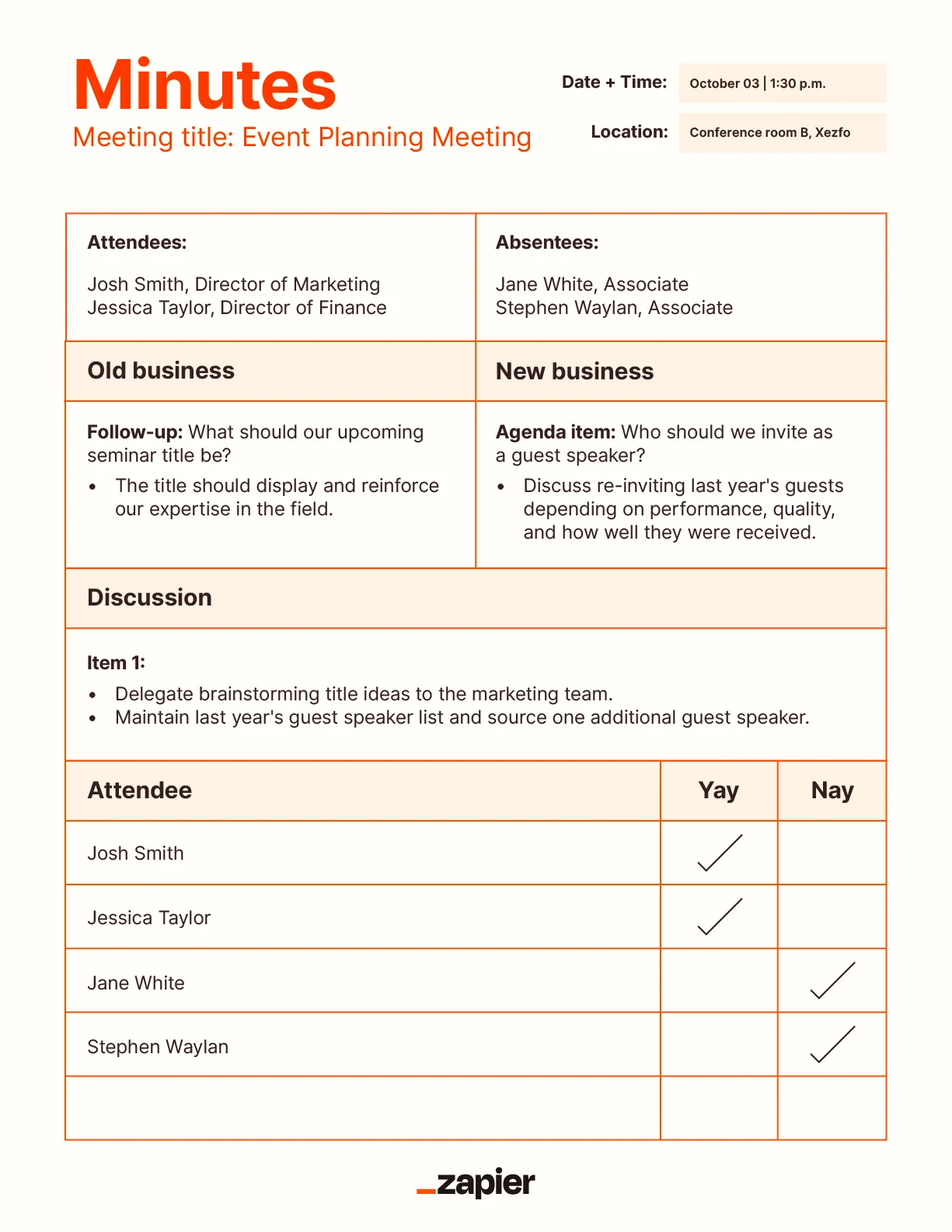 Mockup of a formal meeting minutes template.