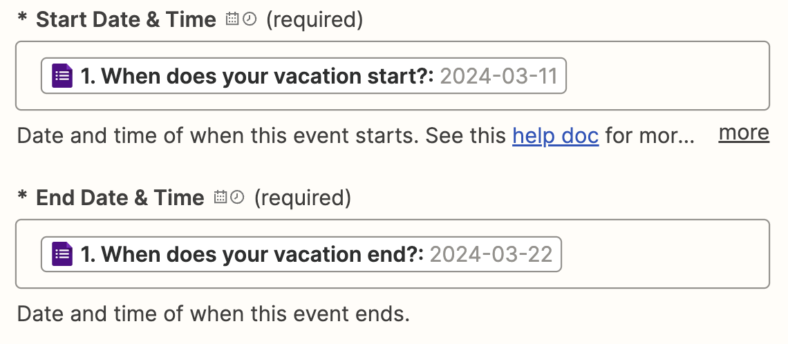 Google Calendar dates in Zapier