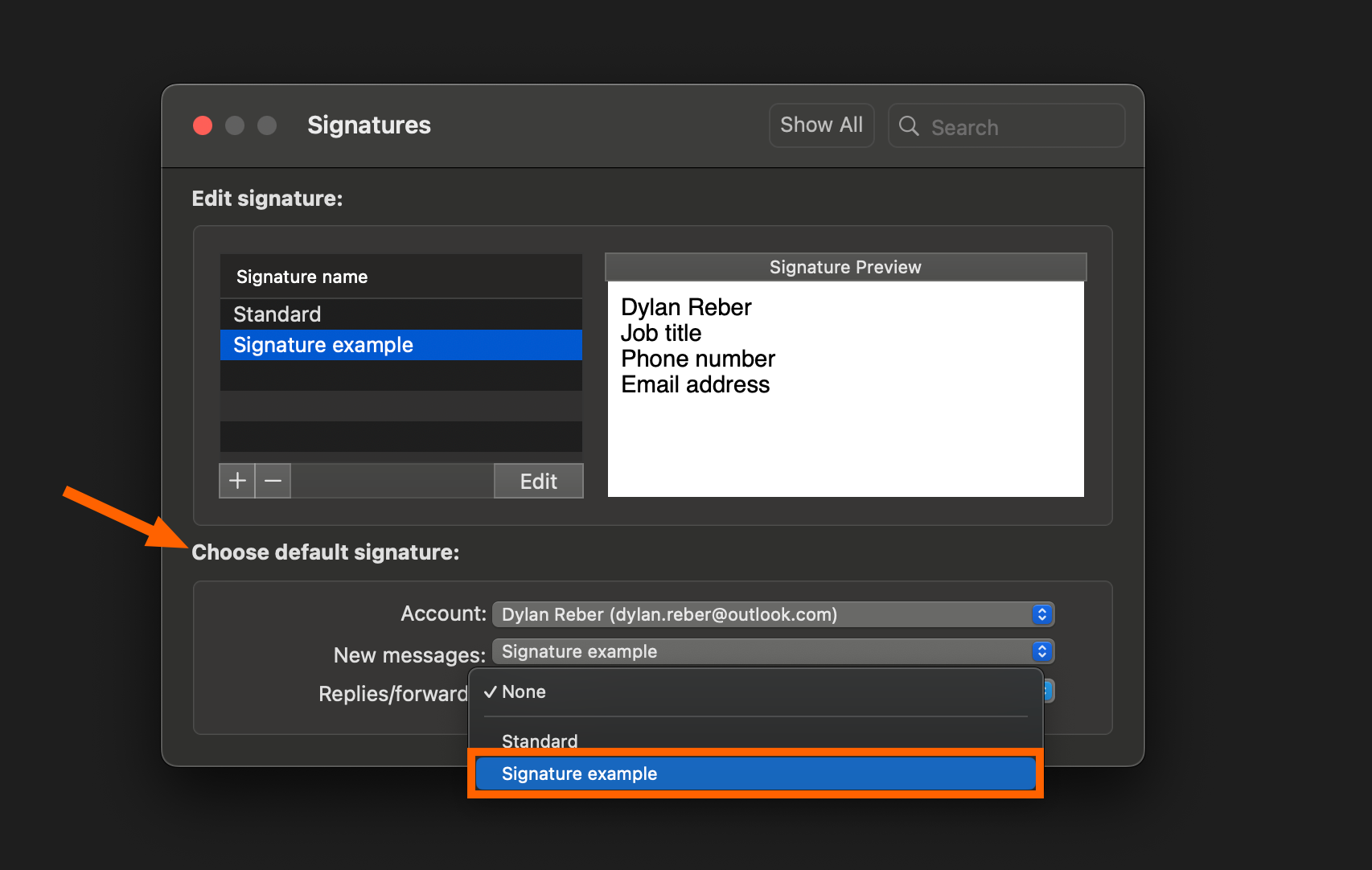 Screenshot of where to choose a default signature in Outlook