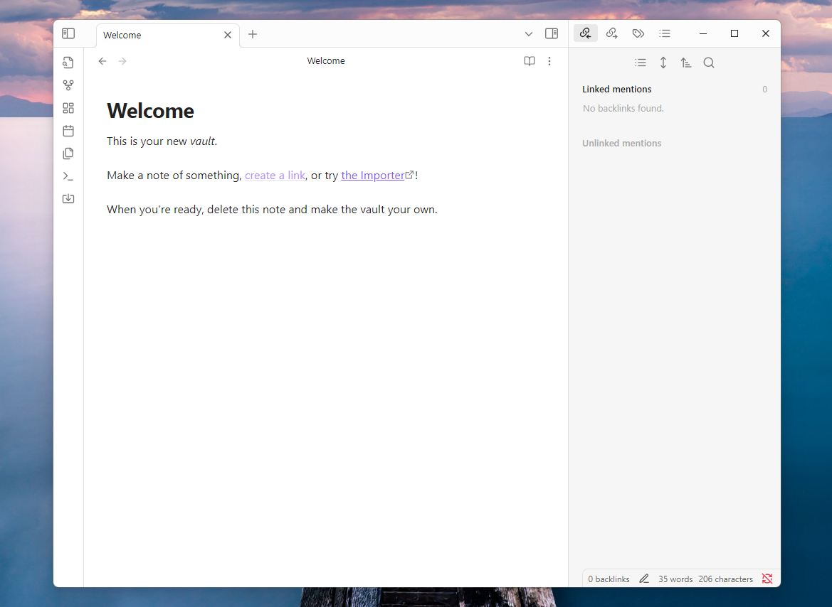 The Obsidian welcome screen