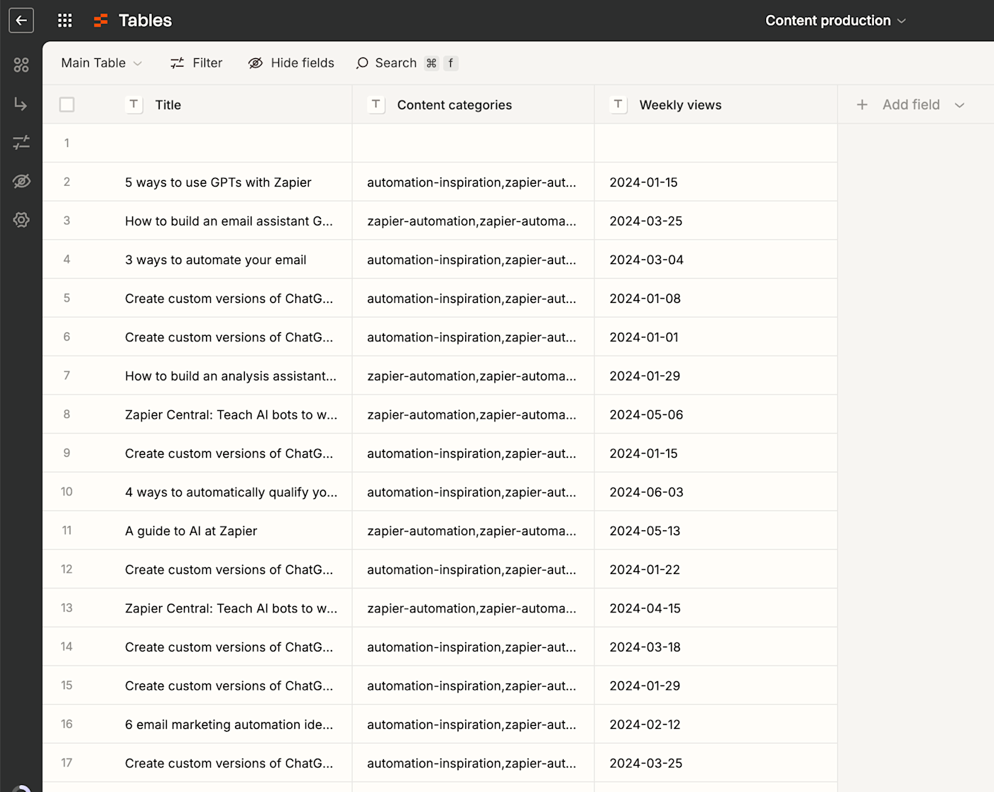 Screenshot of data imported into table