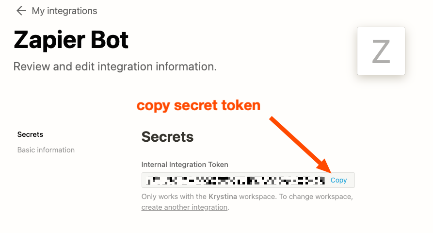 A red arrow highlights the Copy link, instructing the user to copy the secret token.