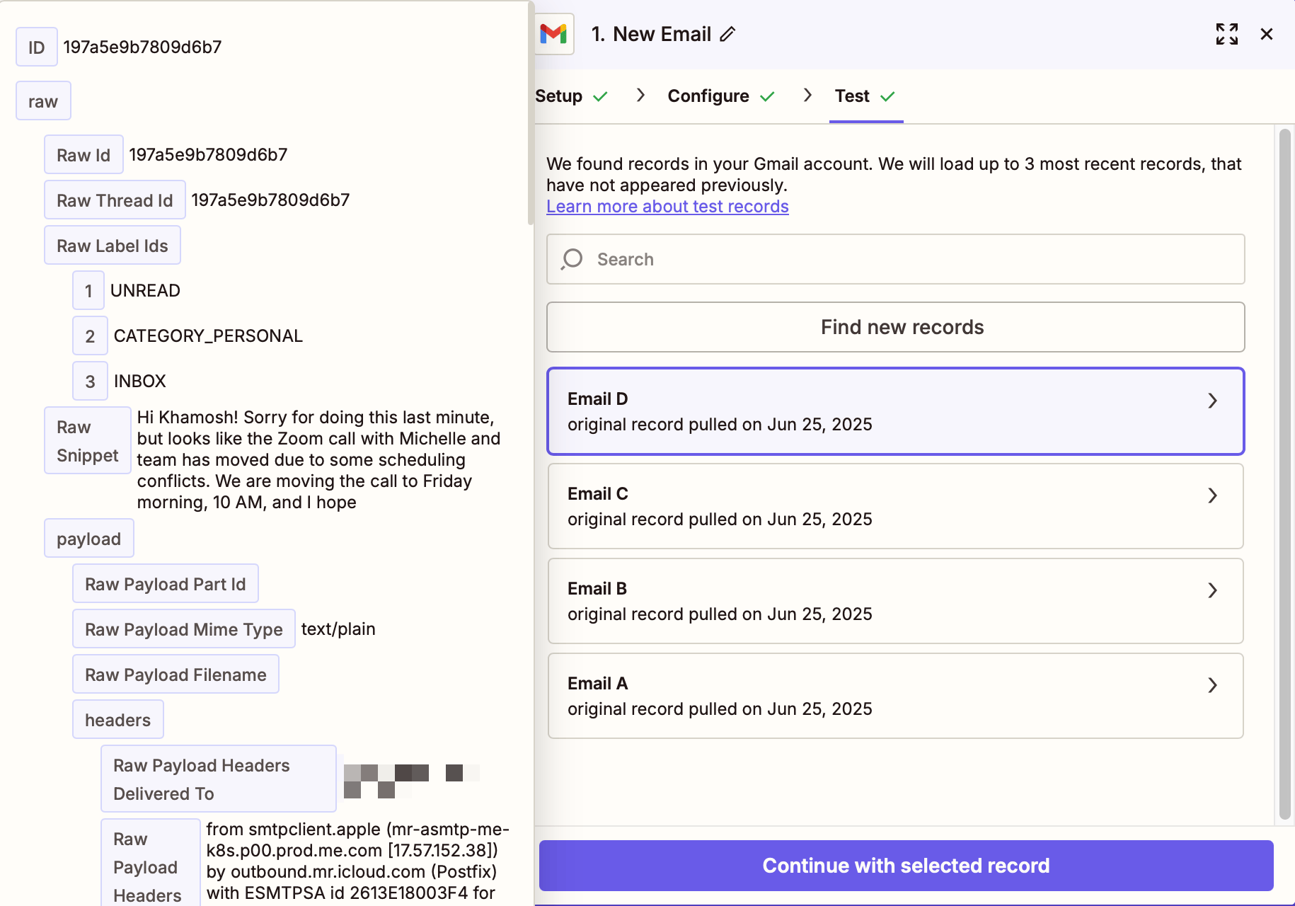 Gmail trigger test step