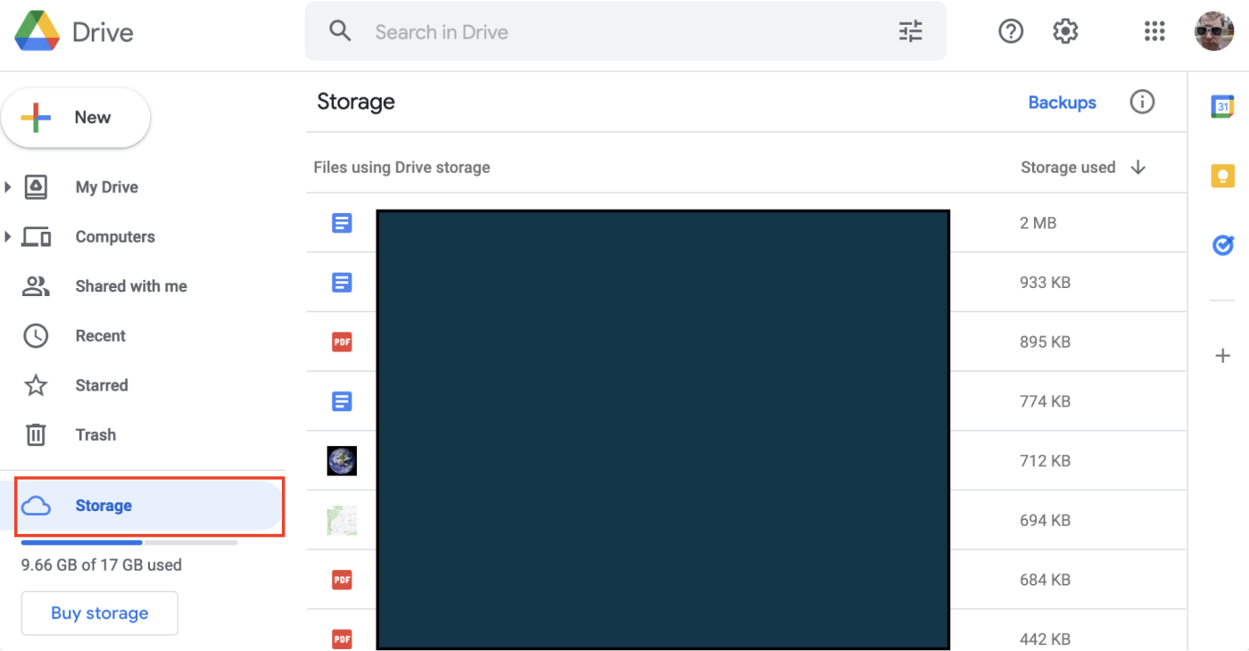 The storage view in Google Drive