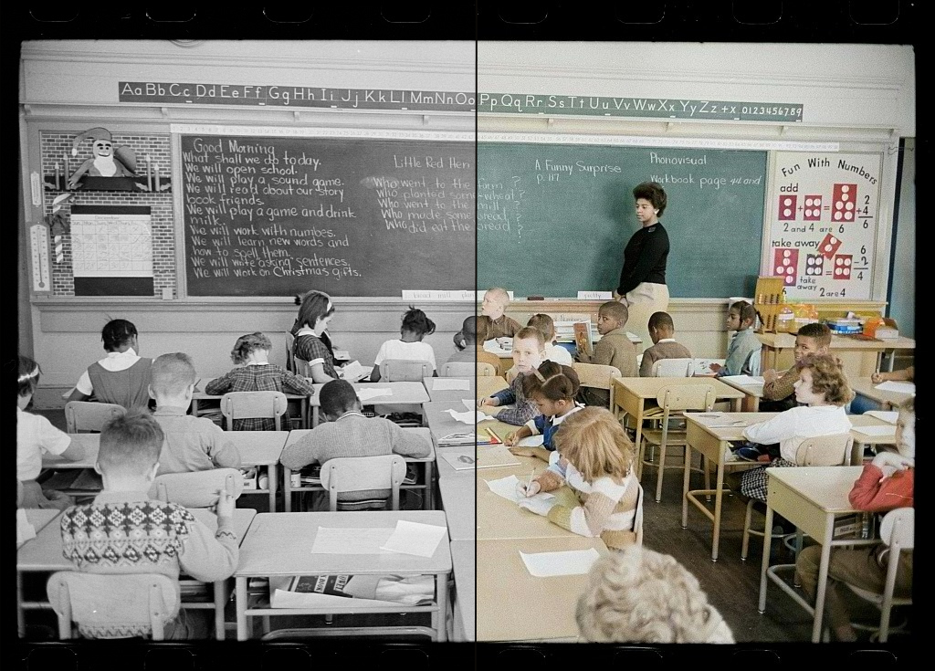 A photo in black-and-white on the left and colorized (using Palette) on the right