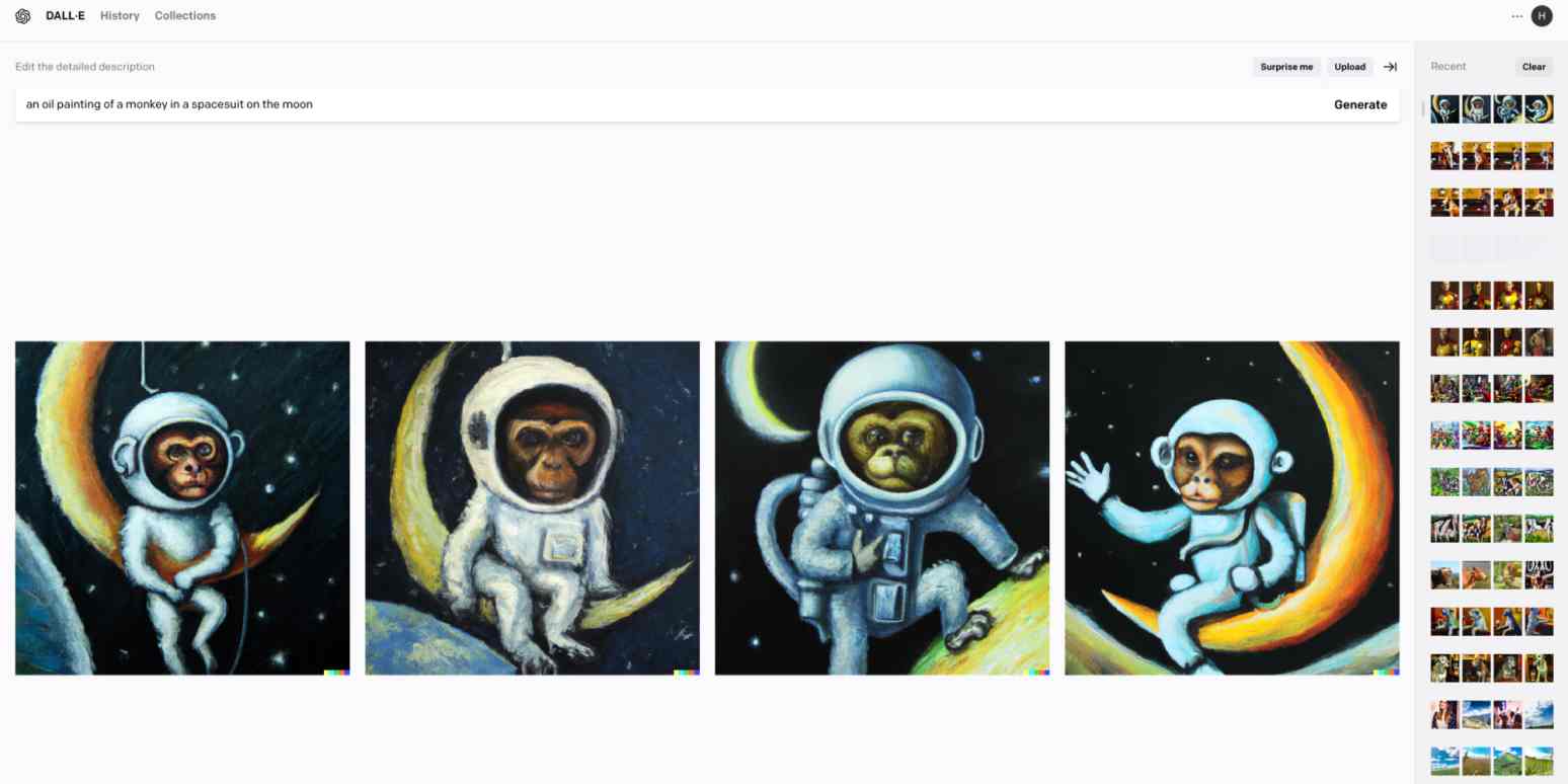 Hero image with the results for "an oil painting of a monkey in a spacesuit on the moon" on DALL-E 2