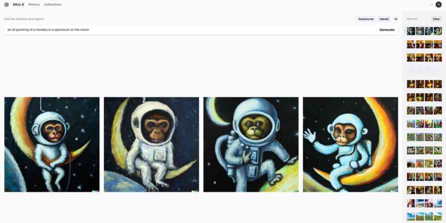 Hero image with the results for "an oil painting of a monkey in a spacesuit on the moon" on DALL-E 2