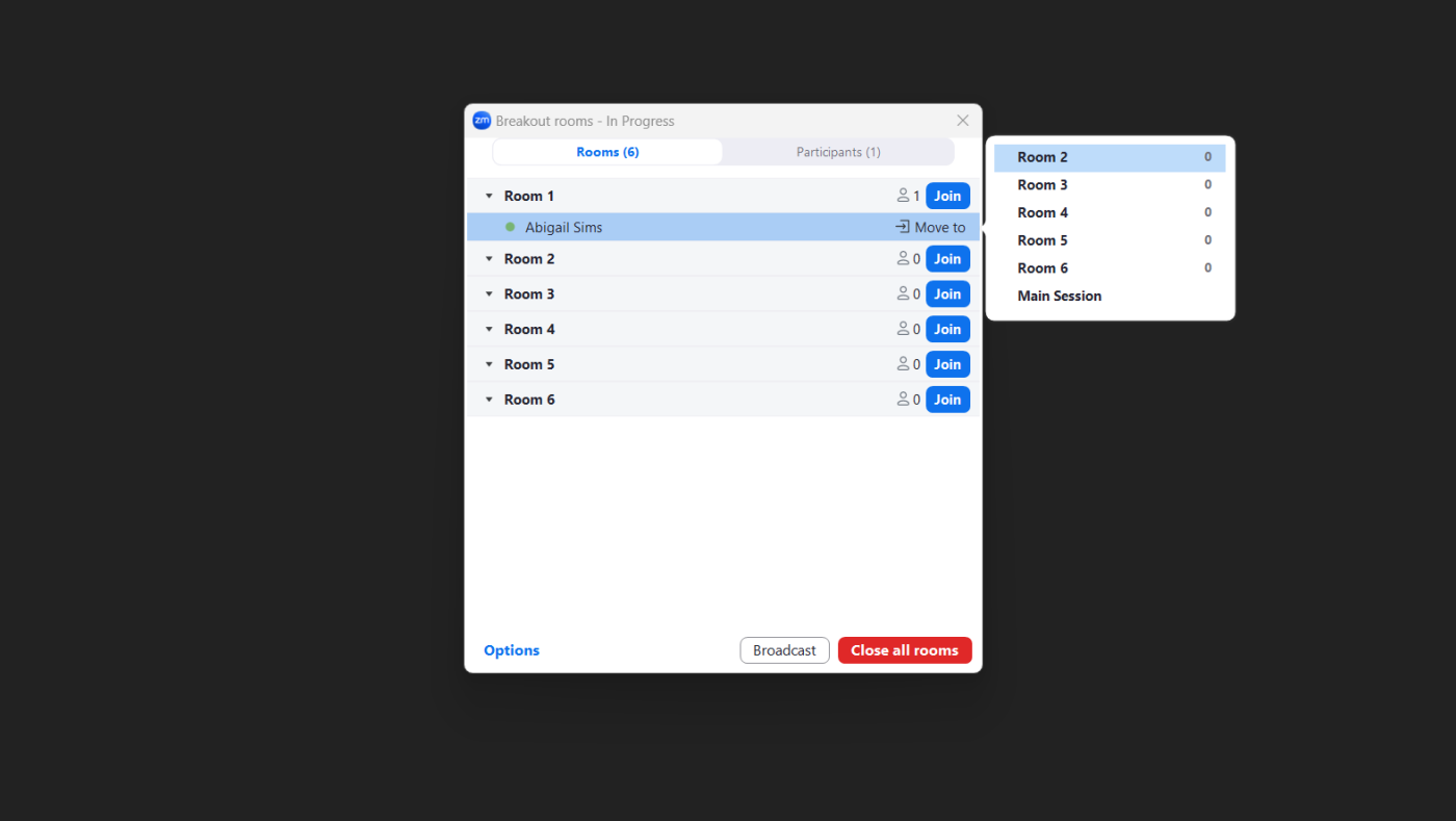 Screenshot of the same window in Zoom showing where you can move participants between breakout rooms