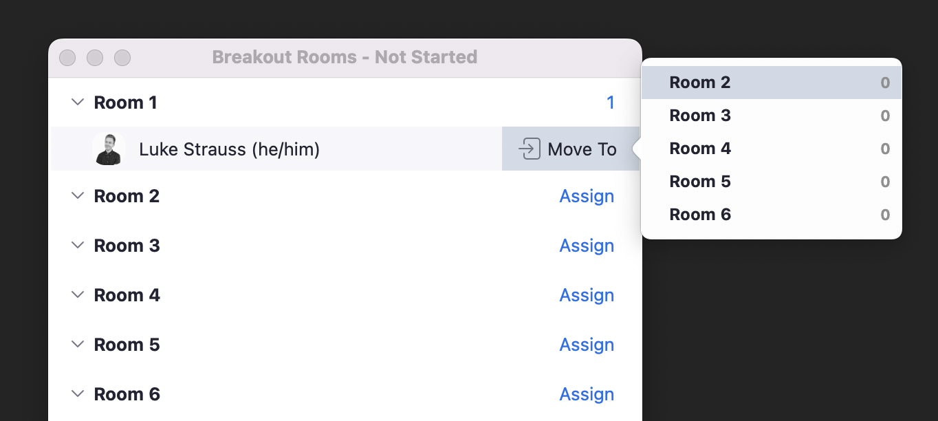 Screenshot of the same window in Zoom showing where you can move participants between breakout rooms