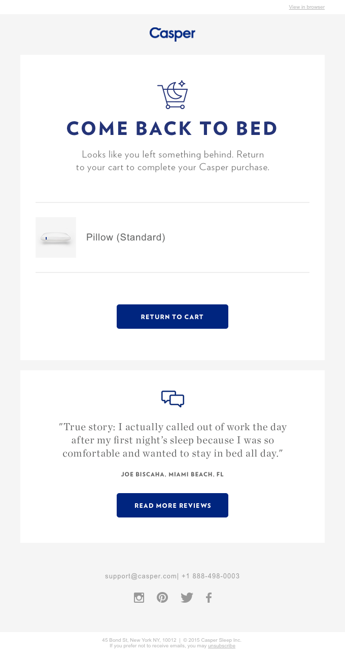 A cart abandonment email from Casper