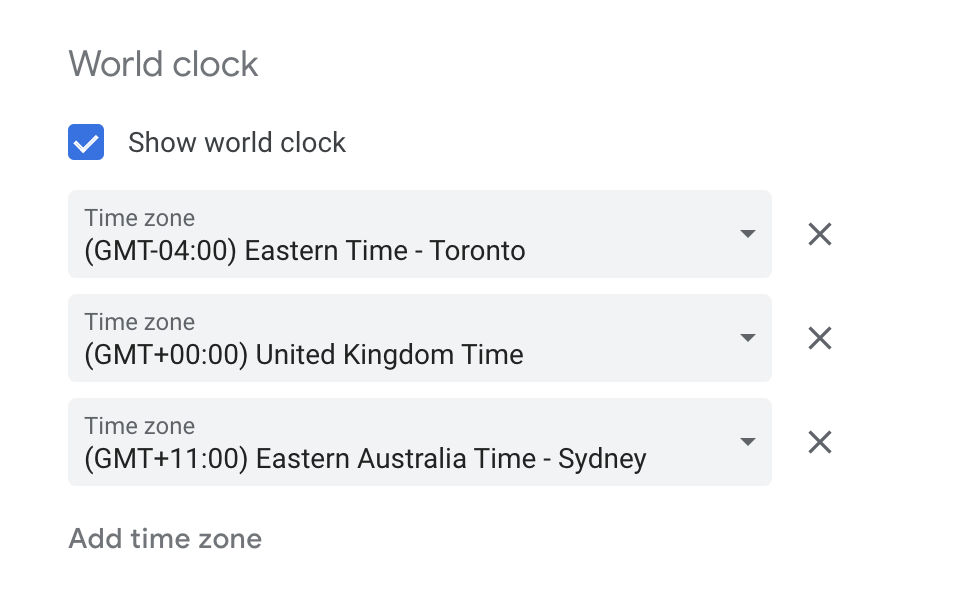World Clock settings in Google Calendar