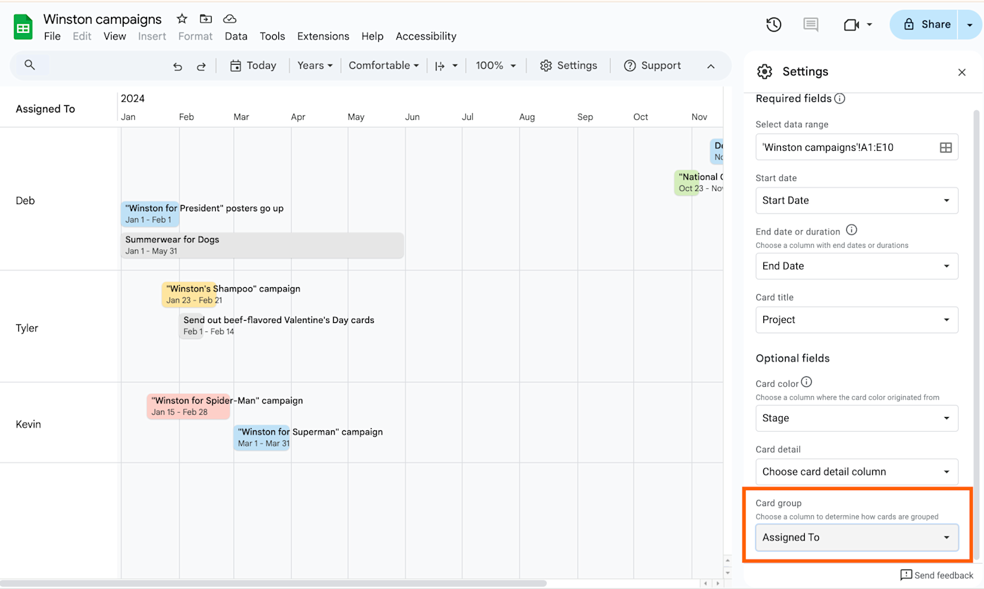 Google Sheets Gantt chart with cards organized by group. 