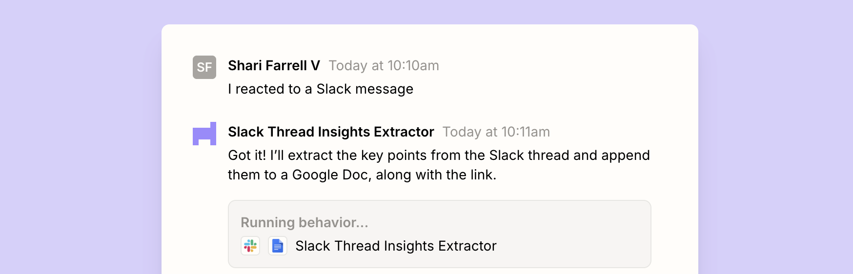 A conversation with an AI agent about extracting key points from a Slack thread and adding them to a Google Doc