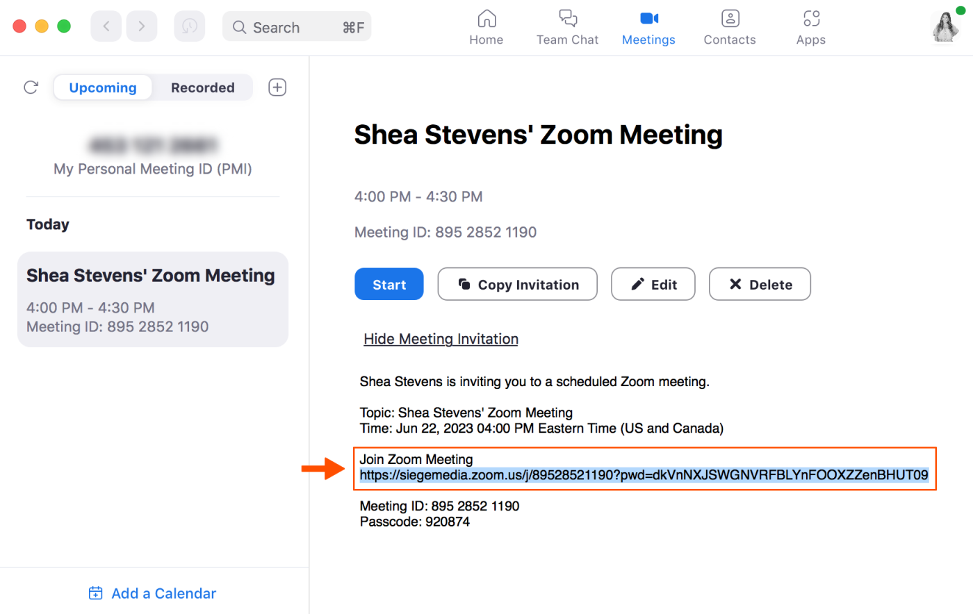 Screenshot of Zoom meeting details with arrow pointing to the Zoom meeting link. 