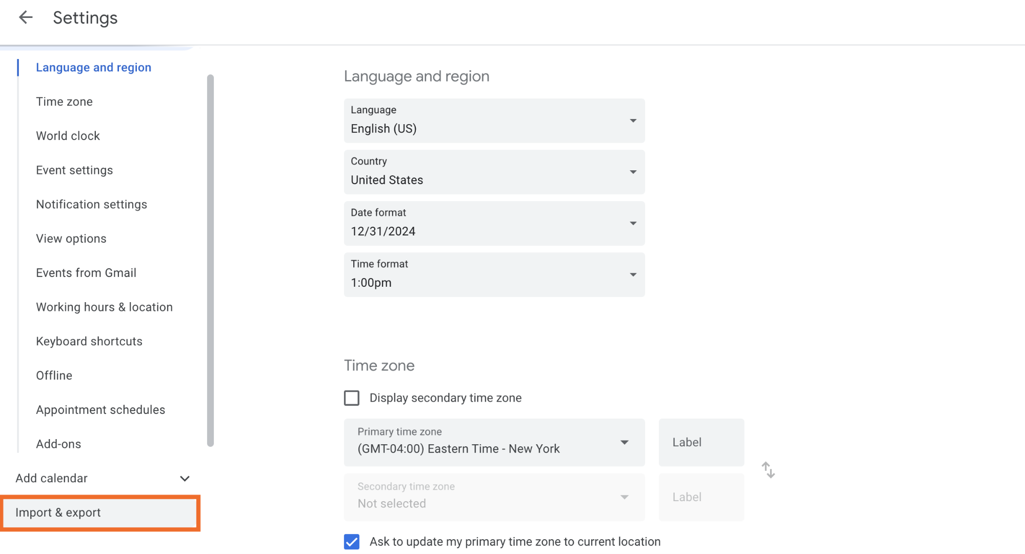 Google Calendar settings with the option to import and export a calendar highlighted.