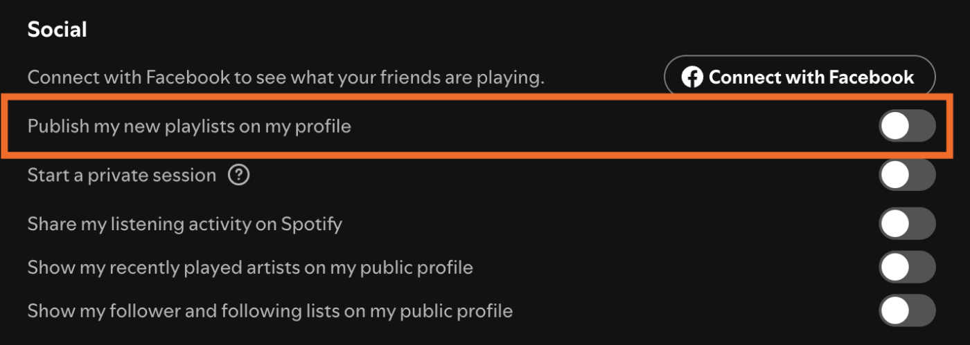 Social setting of Spotify settings with the publish my new playlists on my profile feature turned off. 