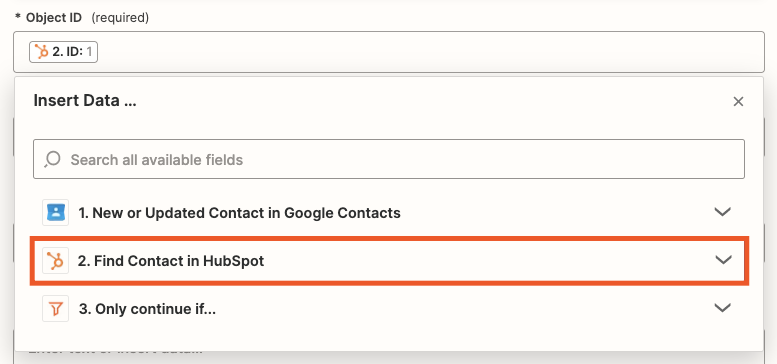 HubSpot ID dynamic field selected as the Object ID